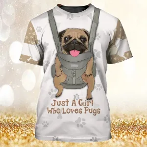 3D Dog T Shirts, Love Pugs All Over Print T-Shirt, Gift For Pet Loves