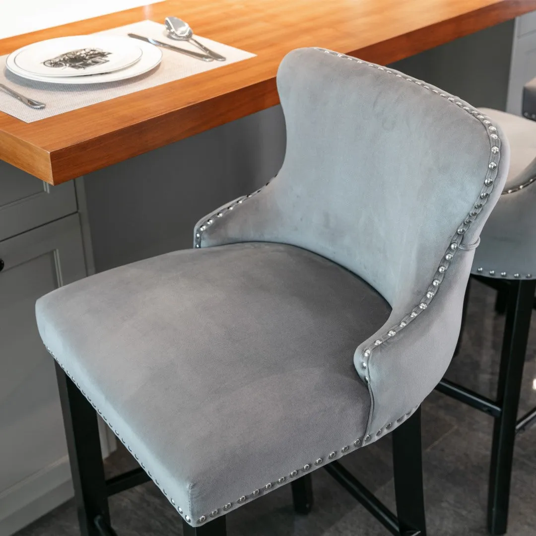 4x Velvet Button Tufted Bar Stools with Wood Legs, Footrest
