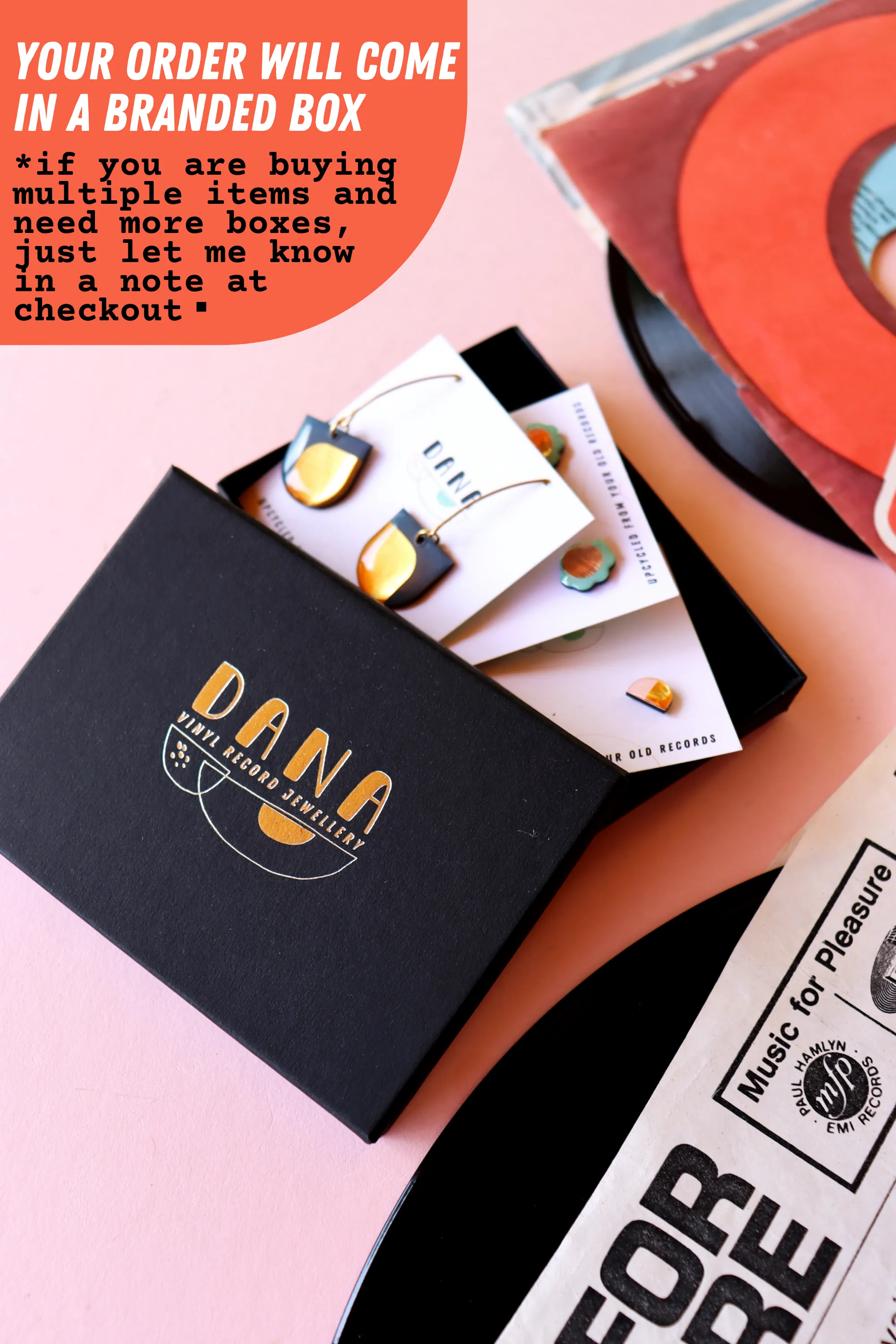 50% OFF / modern vinyl record necklace in light pink, gold, green and black / Irish made jewellery