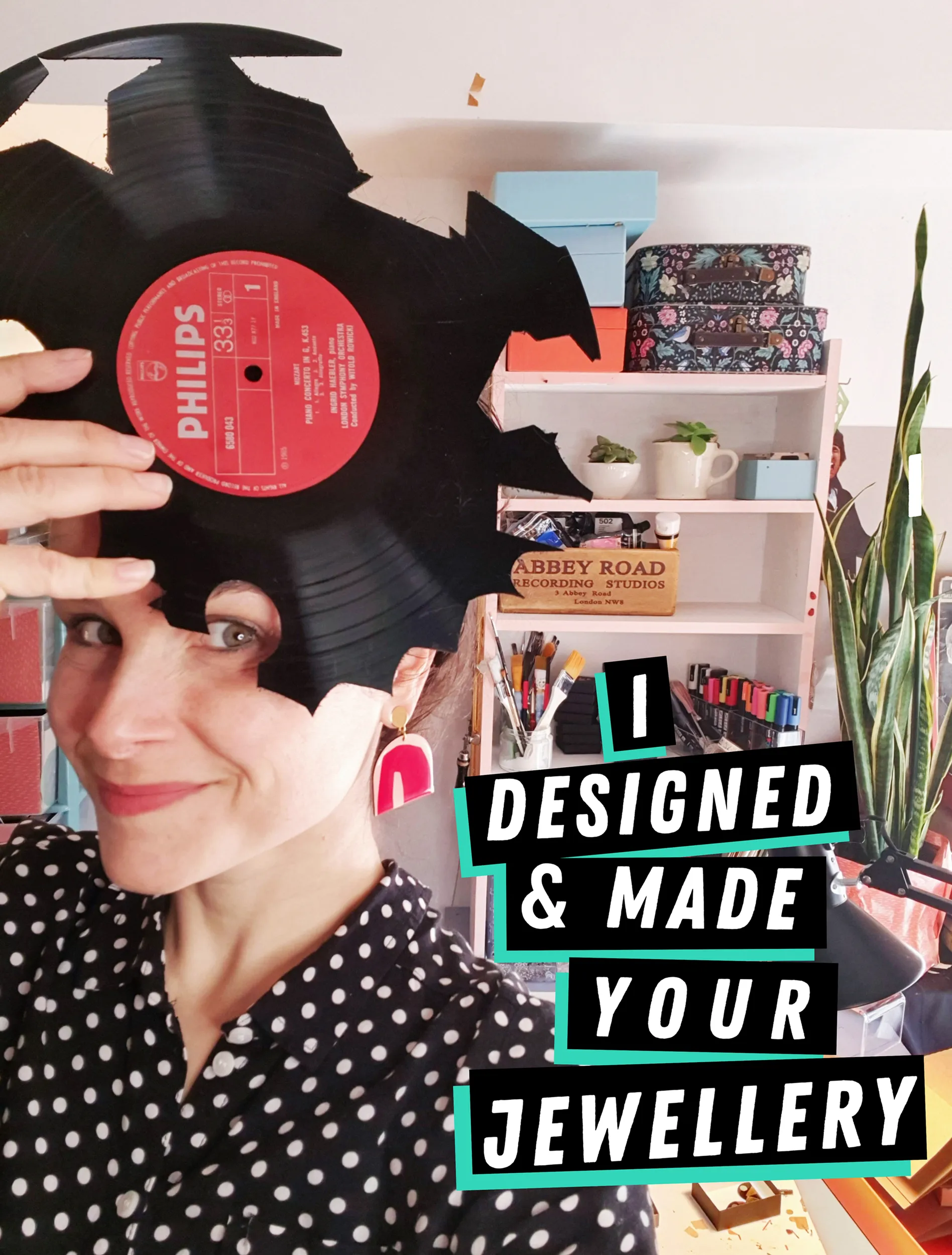 50% OFF / modern vinyl record necklace in light pink, gold, green and black / Irish made jewellery