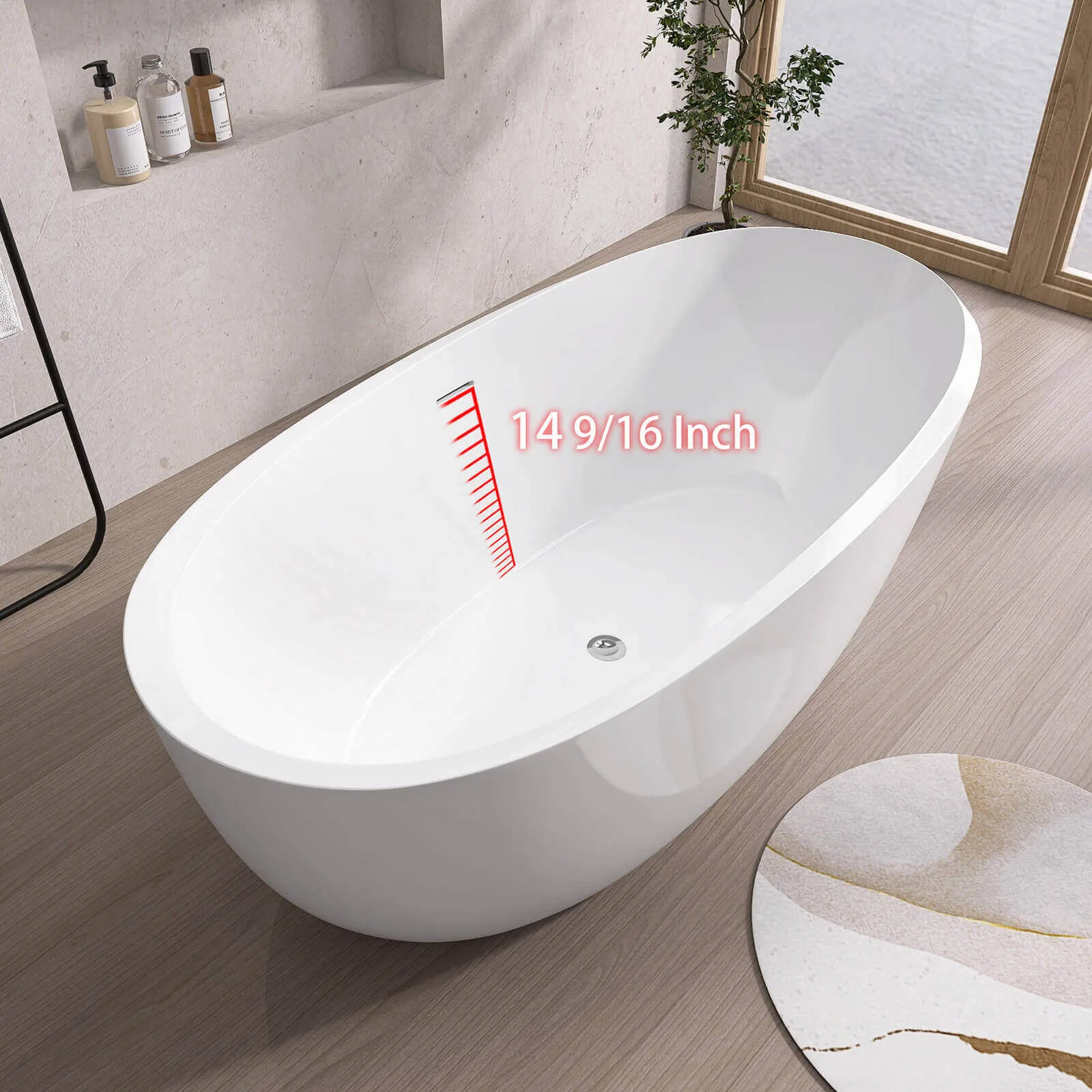 59" Oval Glossy White Thick-Rim Acrylic Bathtub