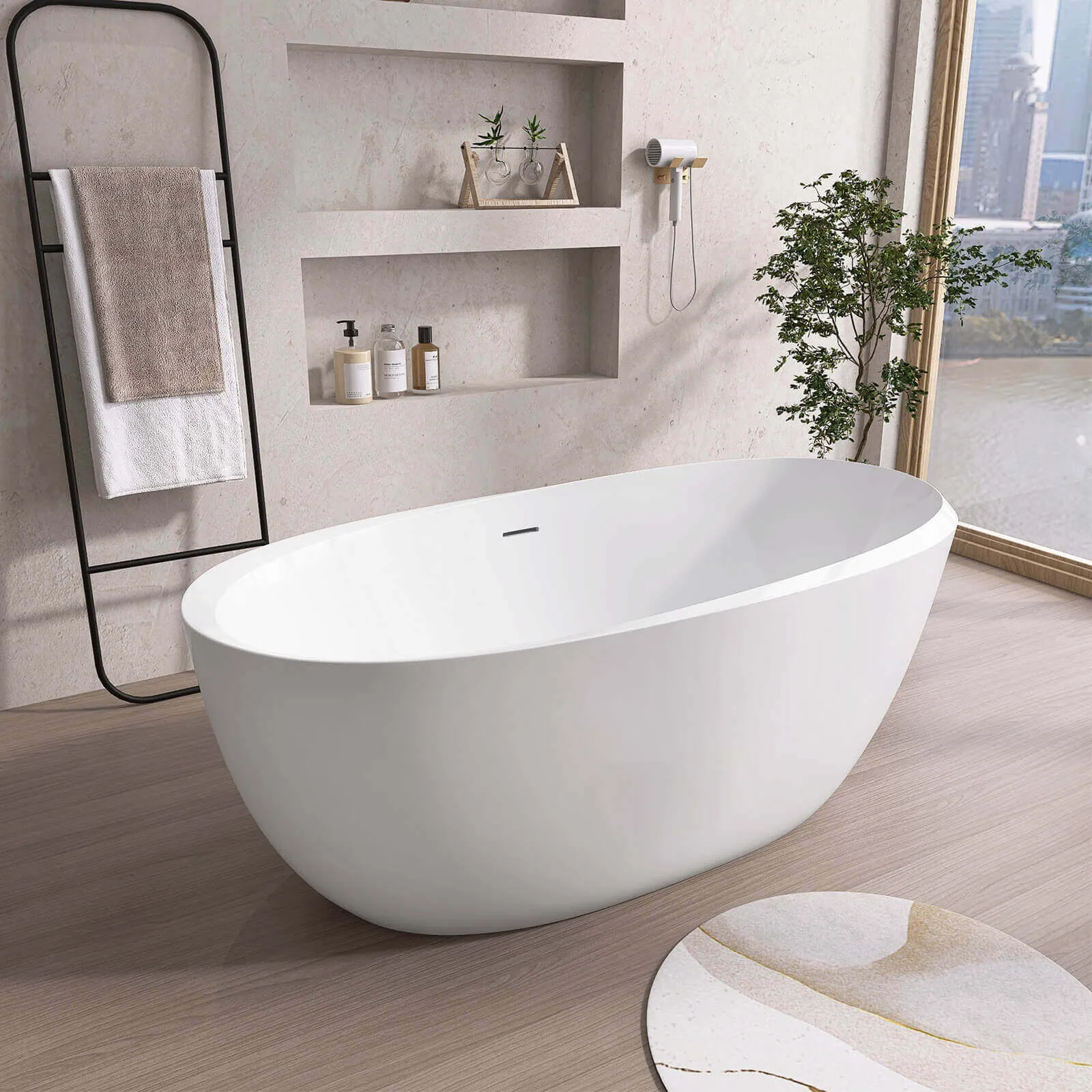 59" Oval Glossy White Thick-Rim Acrylic Bathtub