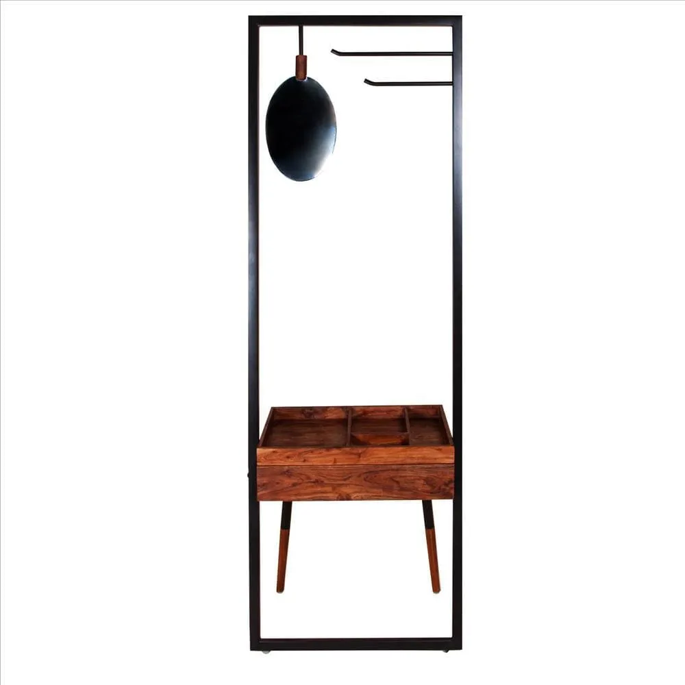 71 Inch Metal Coat Stand with Mirror and 1 Drawer, Brown and Black By The Urban Port