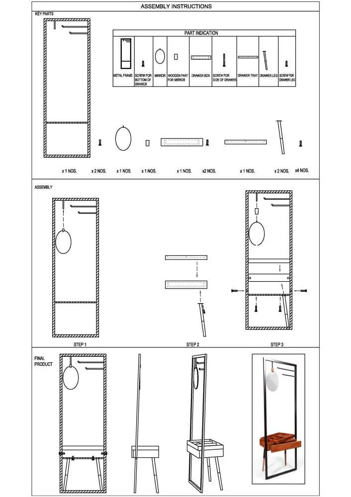 71 Inch Metal Coat Stand with Mirror and 1 Drawer, Brown and Black By The Urban Port