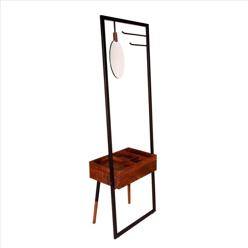 71 Inch Metal Coat Stand with Mirror and 1 Drawer, Brown and Black By The Urban Port