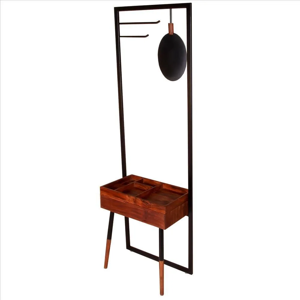 71 Inch Metal Coat Stand with Mirror and 1 Drawer, Brown and Black By The Urban Port