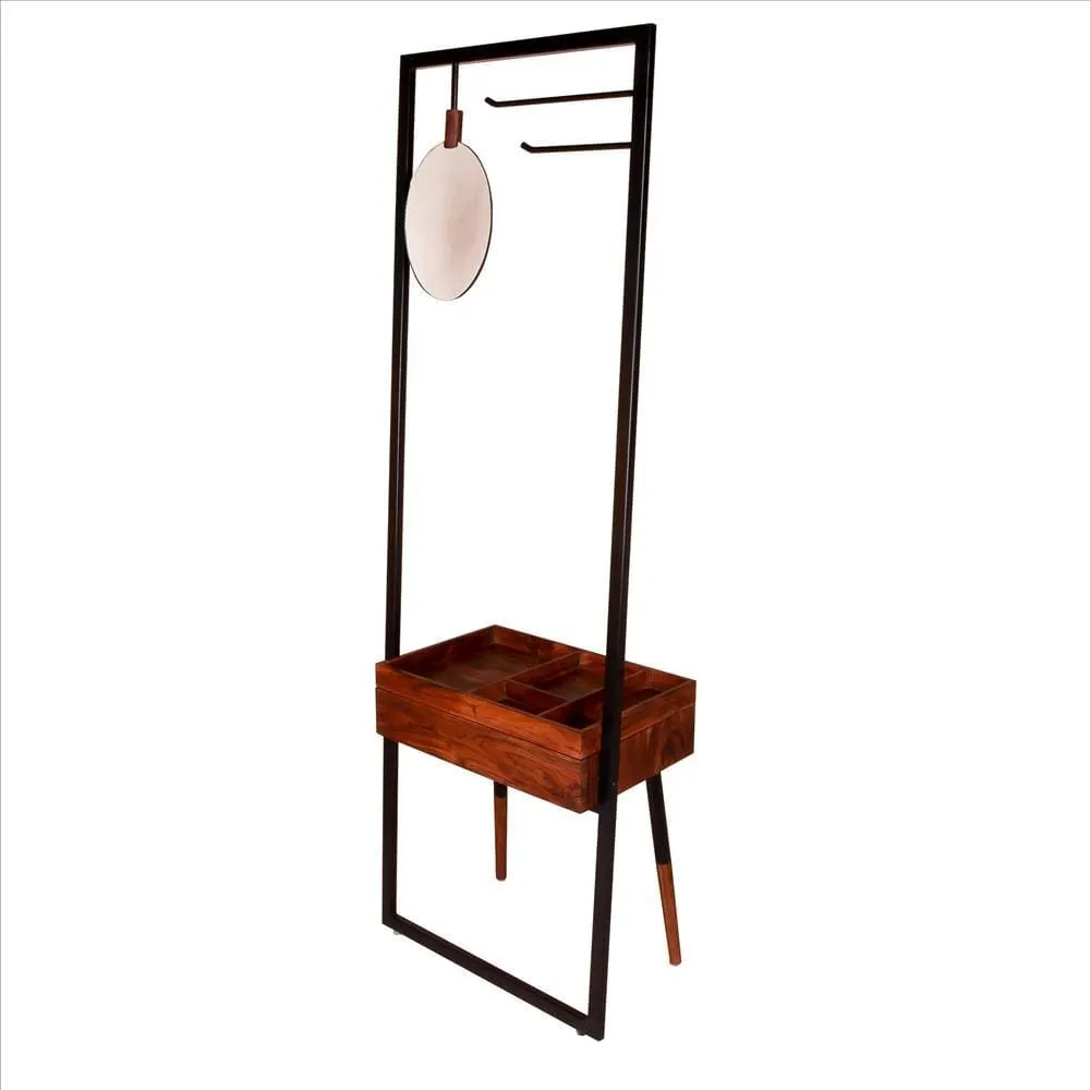 71 Inch Metal Coat Stand with Mirror and 1 Drawer, Brown and Black By The Urban Port