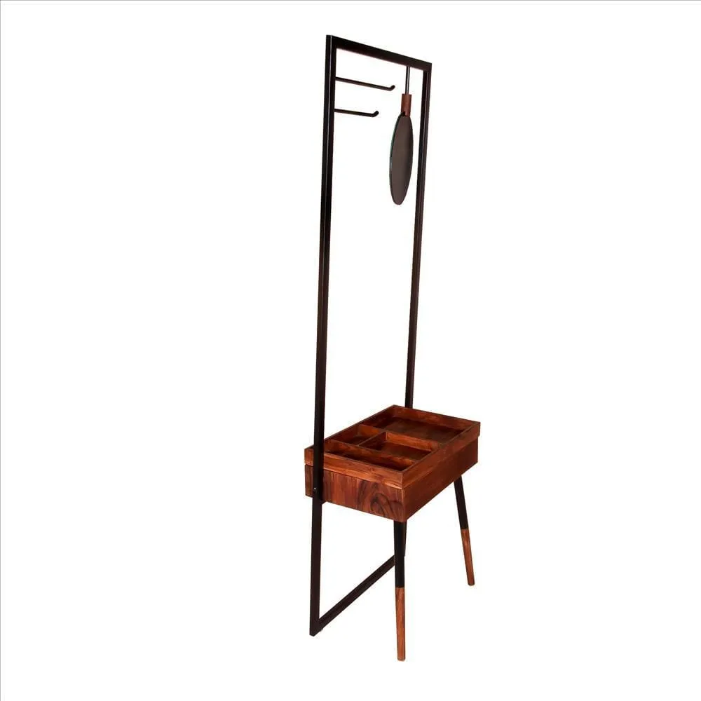 71 Inch Metal Coat Stand with Mirror and 1 Drawer, Brown and Black By The Urban Port