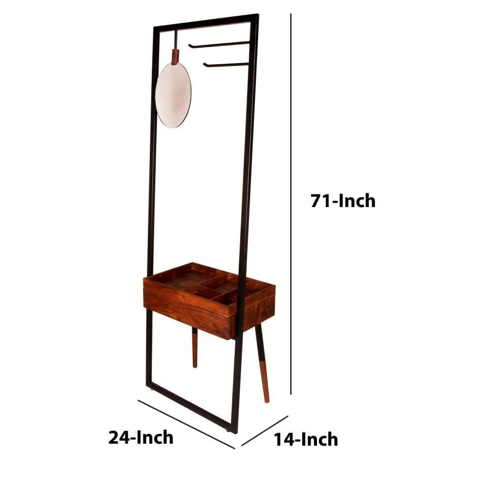 71 Inch Metal Coat Stand with Mirror and 1 Drawer, Brown and Black By The Urban Port