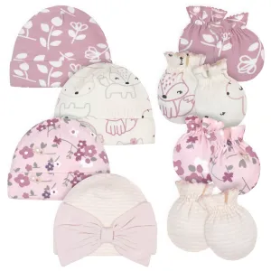 8-Piece Organic Baby Girls Fox Caps & No Scratch Mittens