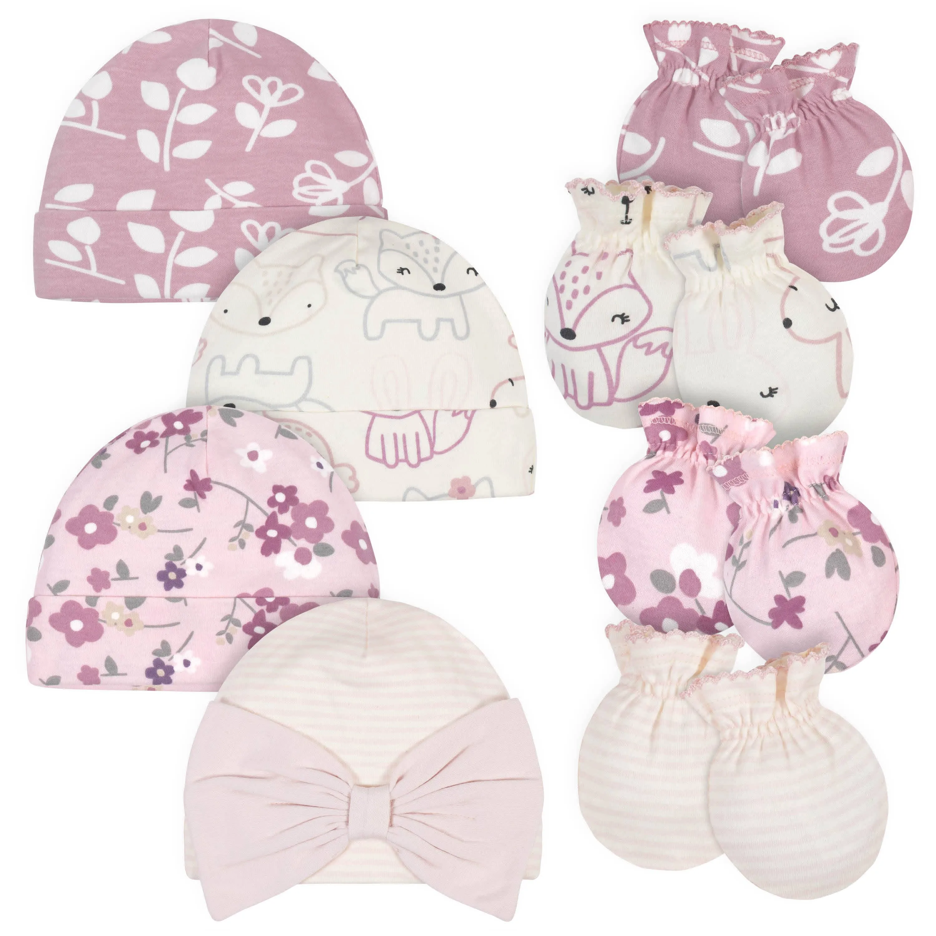 8-Piece Organic Baby Girls Fox Caps & No Scratch Mittens