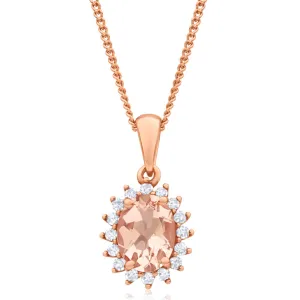 9ct Rose Gold Diamond   8x6mm Morganite Cluster Pendant With 45cm Chain