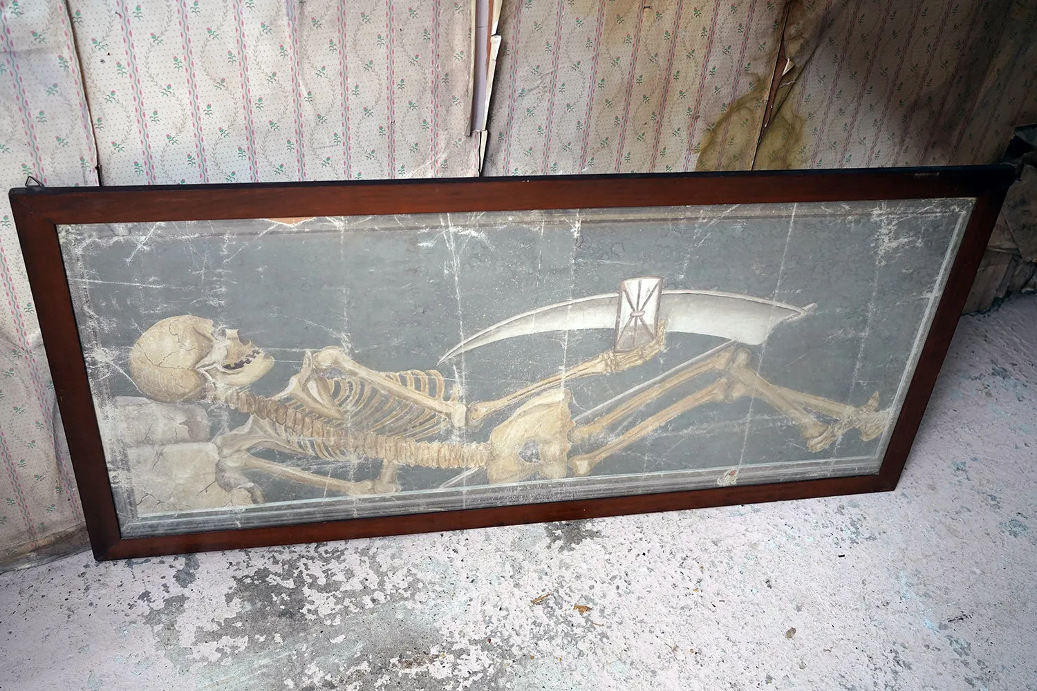 A Large Early 20thC Italian Oil on Canvas Memento Mori Painting of a Skeleton