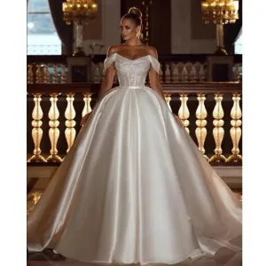 A-Line Sexy Off Shoulder Wedding Dresses Shiny Bohemia Women's Tulle Princess Satin Bridal Gowns Robe De Mariée Vestido فست