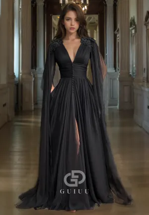 A-Line V Neck Sleeveless Pleated Beaded Buttons V Back Long Prom Dress with High SIde Slit