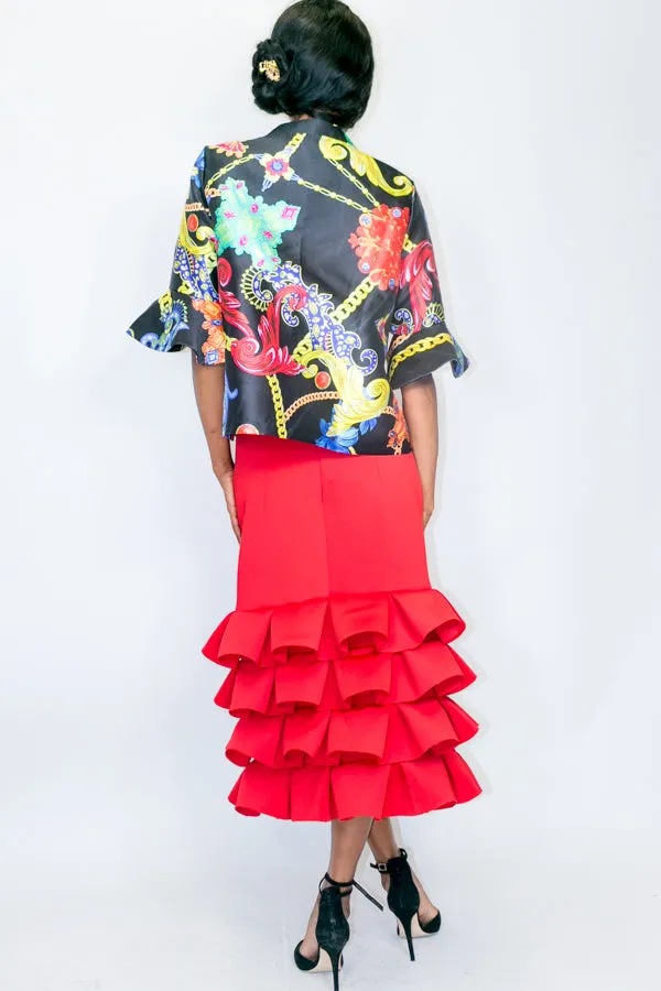 A1890B MULTICOLORED BUTTON DOWN 3/4 BELL SLEEVE TOP