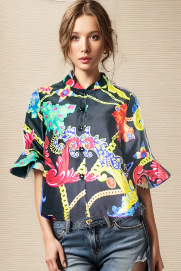 A1890B MULTICOLORED BUTTON DOWN 3/4 BELL SLEEVE TOP