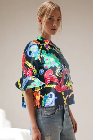 A1890B MULTICOLORED BUTTON DOWN 3/4 BELL SLEEVE TOP