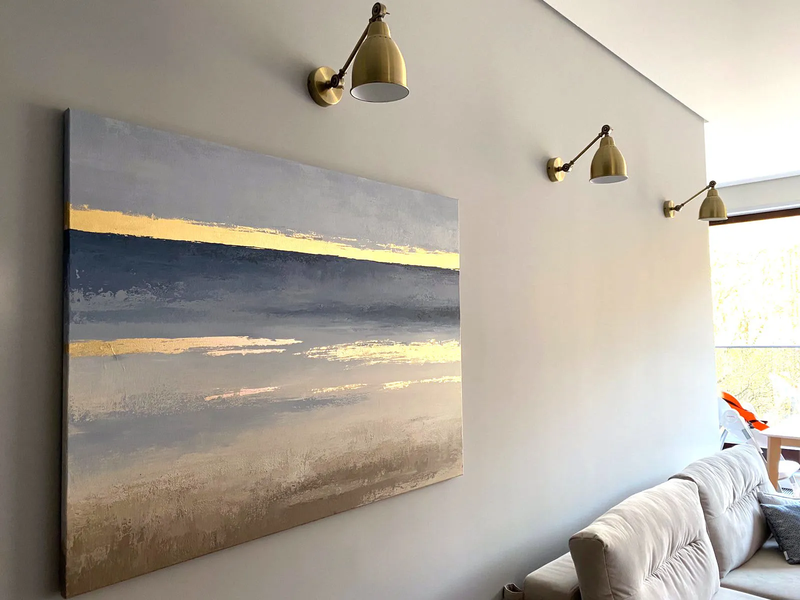 Abstract Landscape Sunset Sunrise Gray Blue Gold Painting on Canvas Np024
