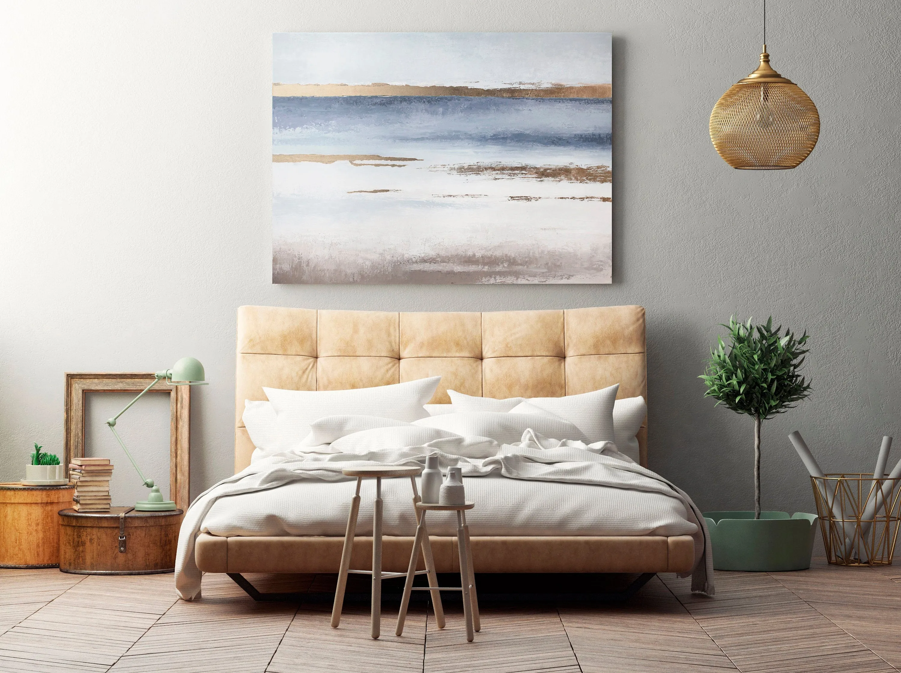 Abstract Landscape Sunset Sunrise Gray Blue Gold Painting on Canvas Np024