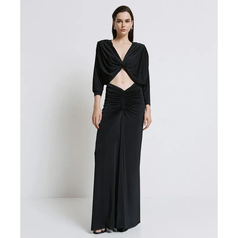 Access Fashion Black Draped Blouse With Gathering