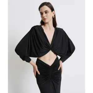 Access Fashion Black Draped Blouse With Gathering