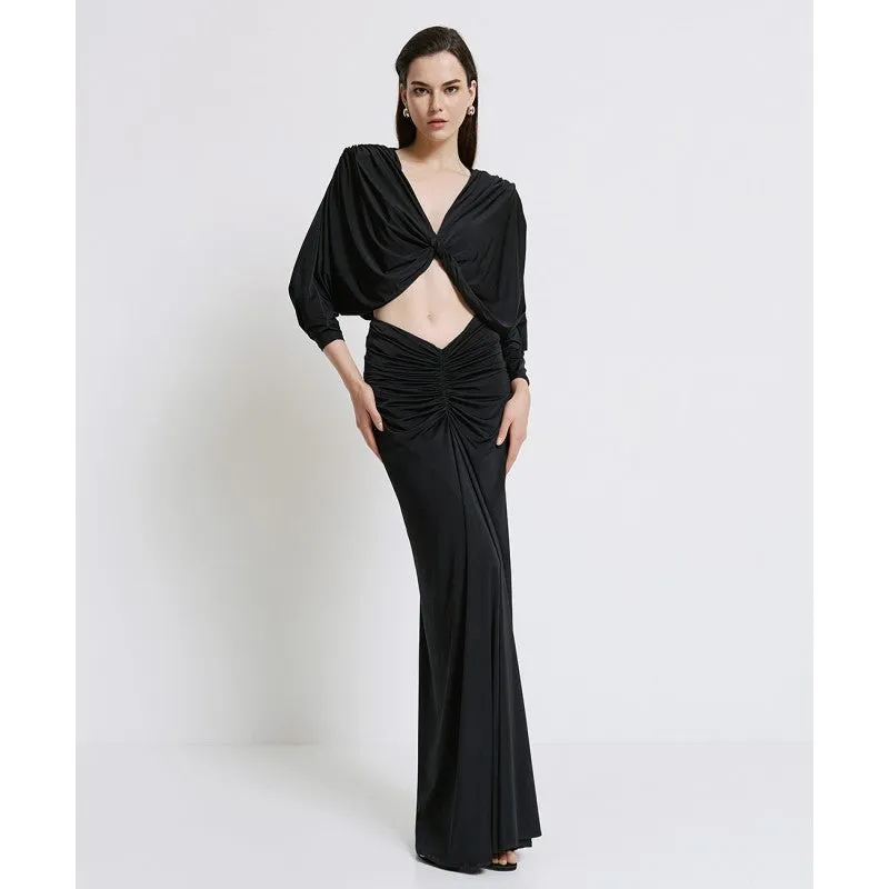 Access Fashion Black Draped Blouse With Gathering