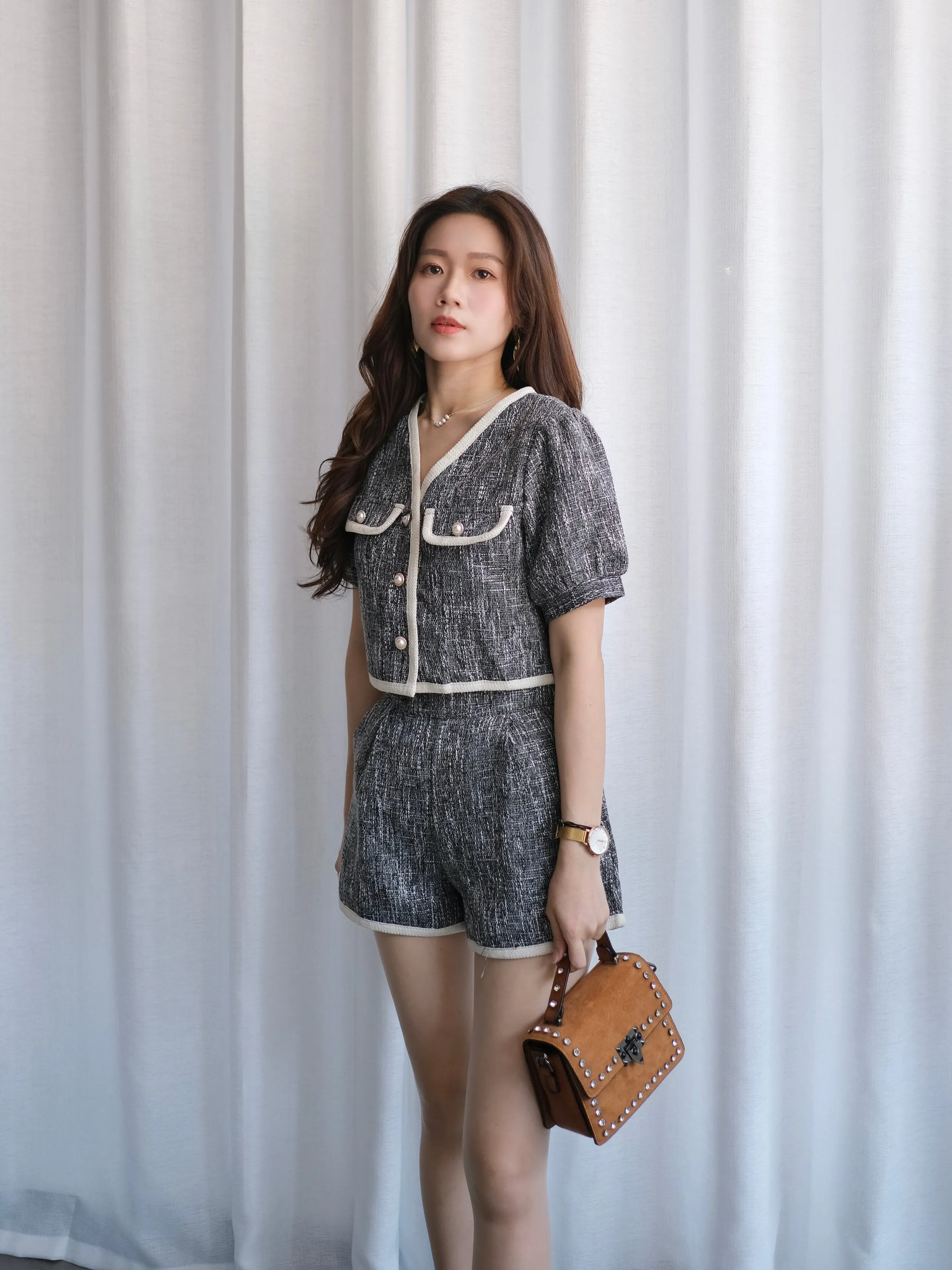 ACEWIN Two-Piece Chanel Style Tweed Jacket with Shorts Set (Size S-XL) 800097