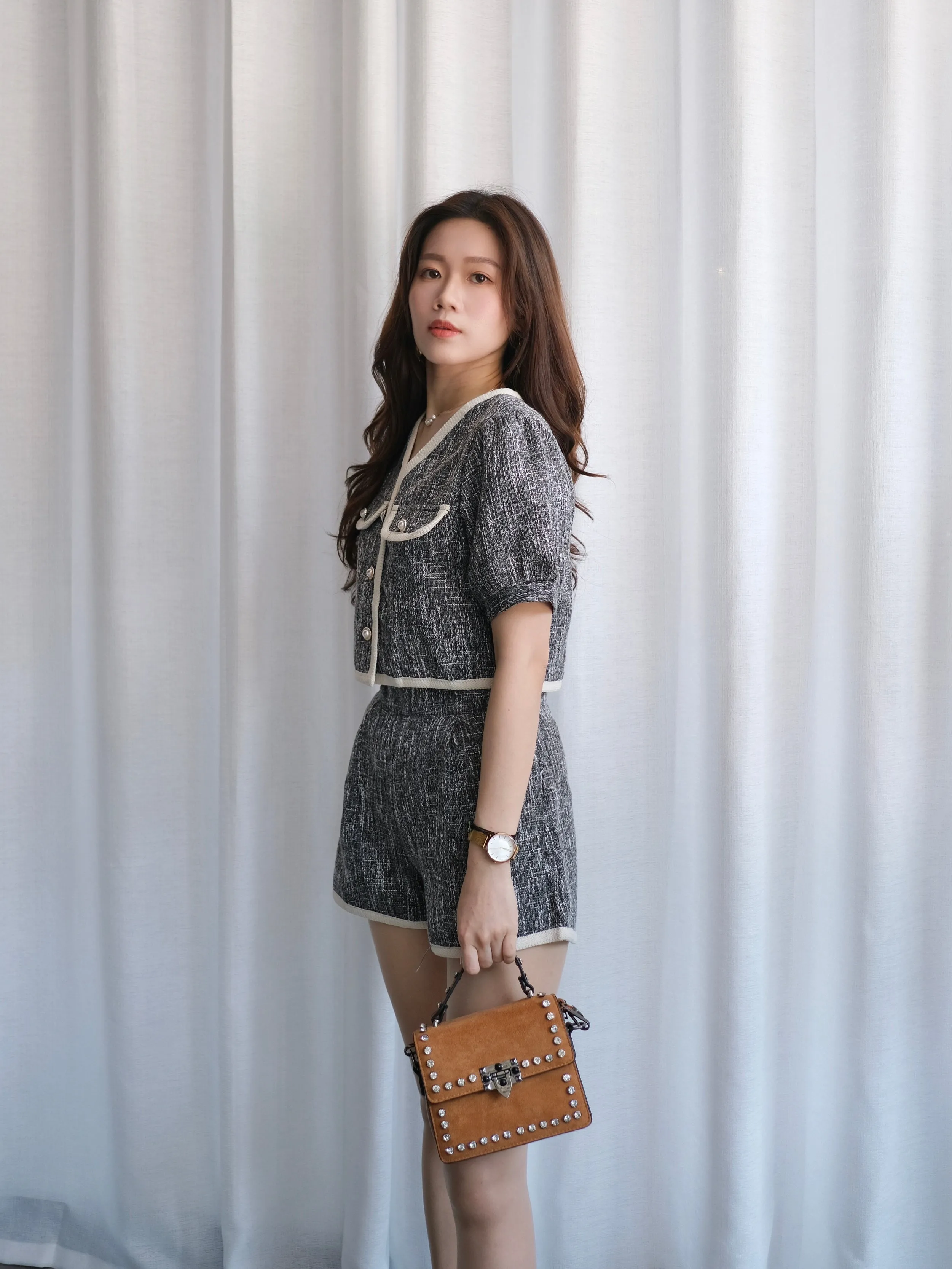 ACEWIN Two-Piece Chanel Style Tweed Jacket with Shorts Set (Size S-XL) 800097