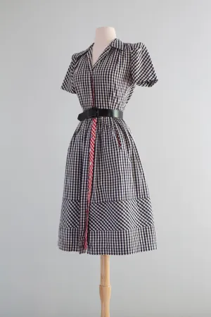 Adorable 1940's Cotton Gingham Day Dress With Red Accents / Small