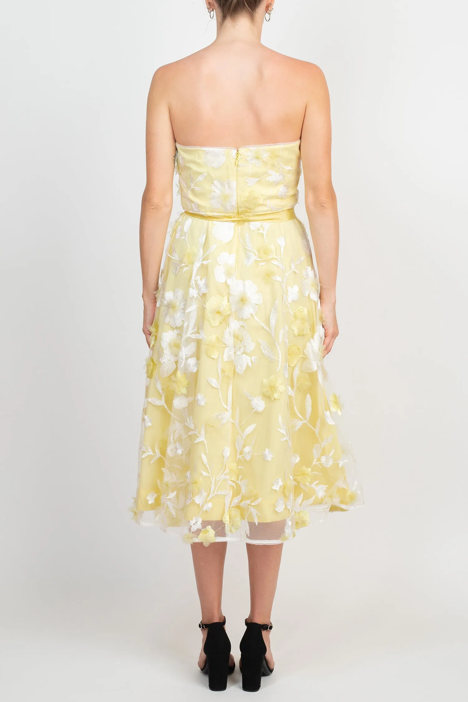 Adrianna Papell Strapless Floral Embroidered Tie Waist Zipper Back Cocktail Midi Dress