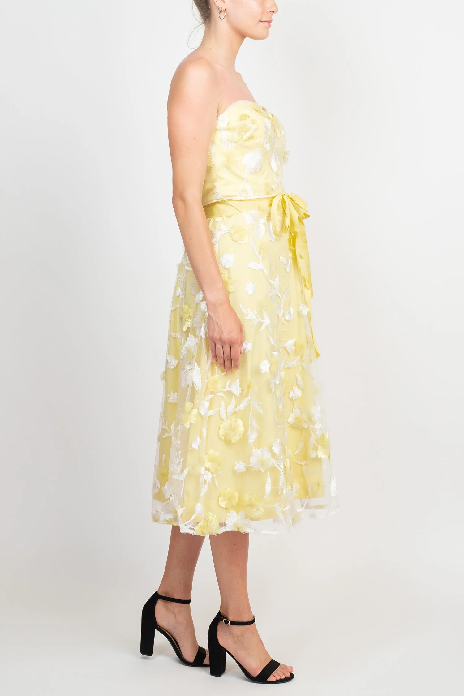 Adrianna Papell Strapless Floral Embroidered Tie Waist Zipper Back Cocktail Midi Dress