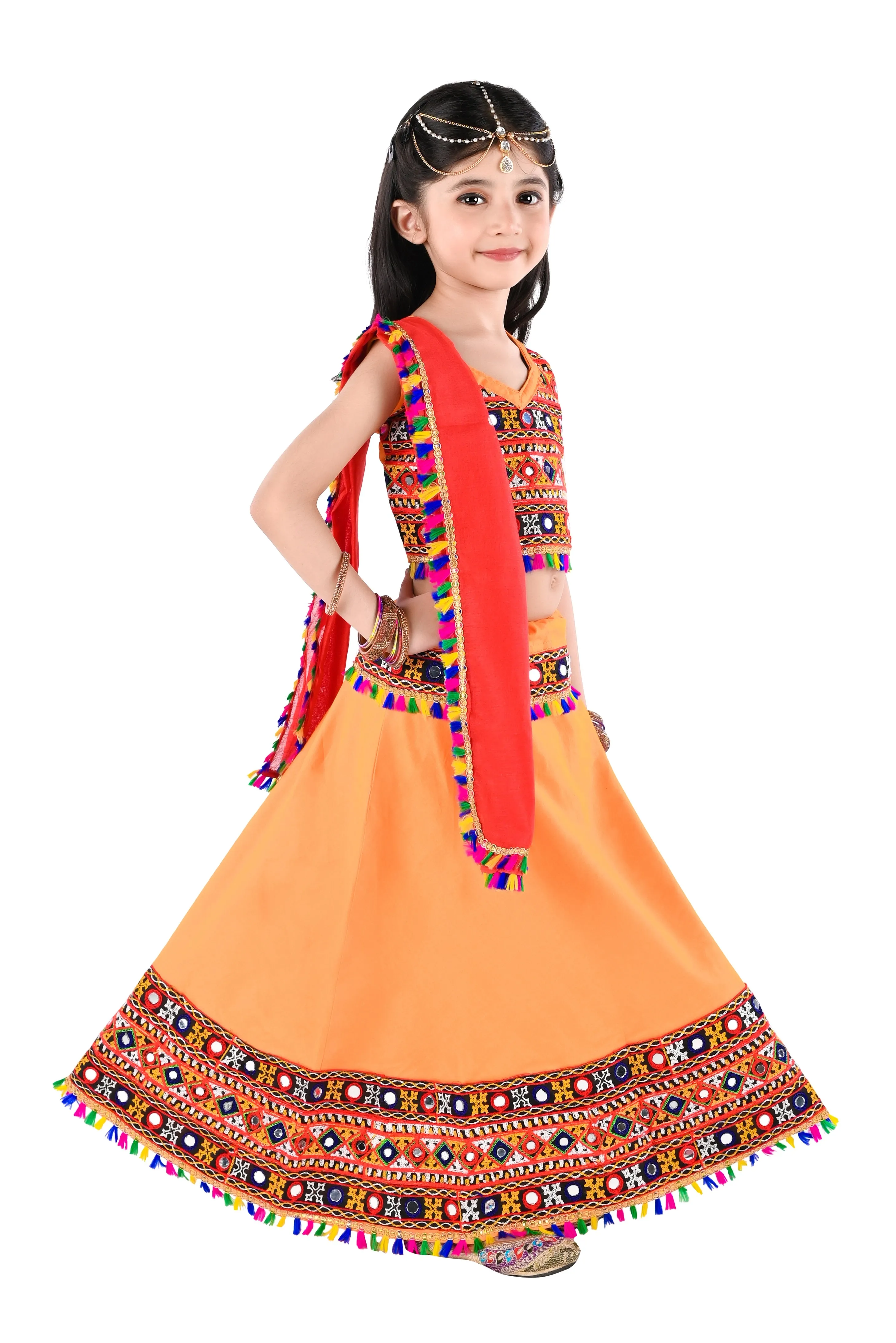Ahhaaaa Kids Ethnic Cotton Blend Radha Dress / Lehenga Choli / Chania Choli Set For Girls