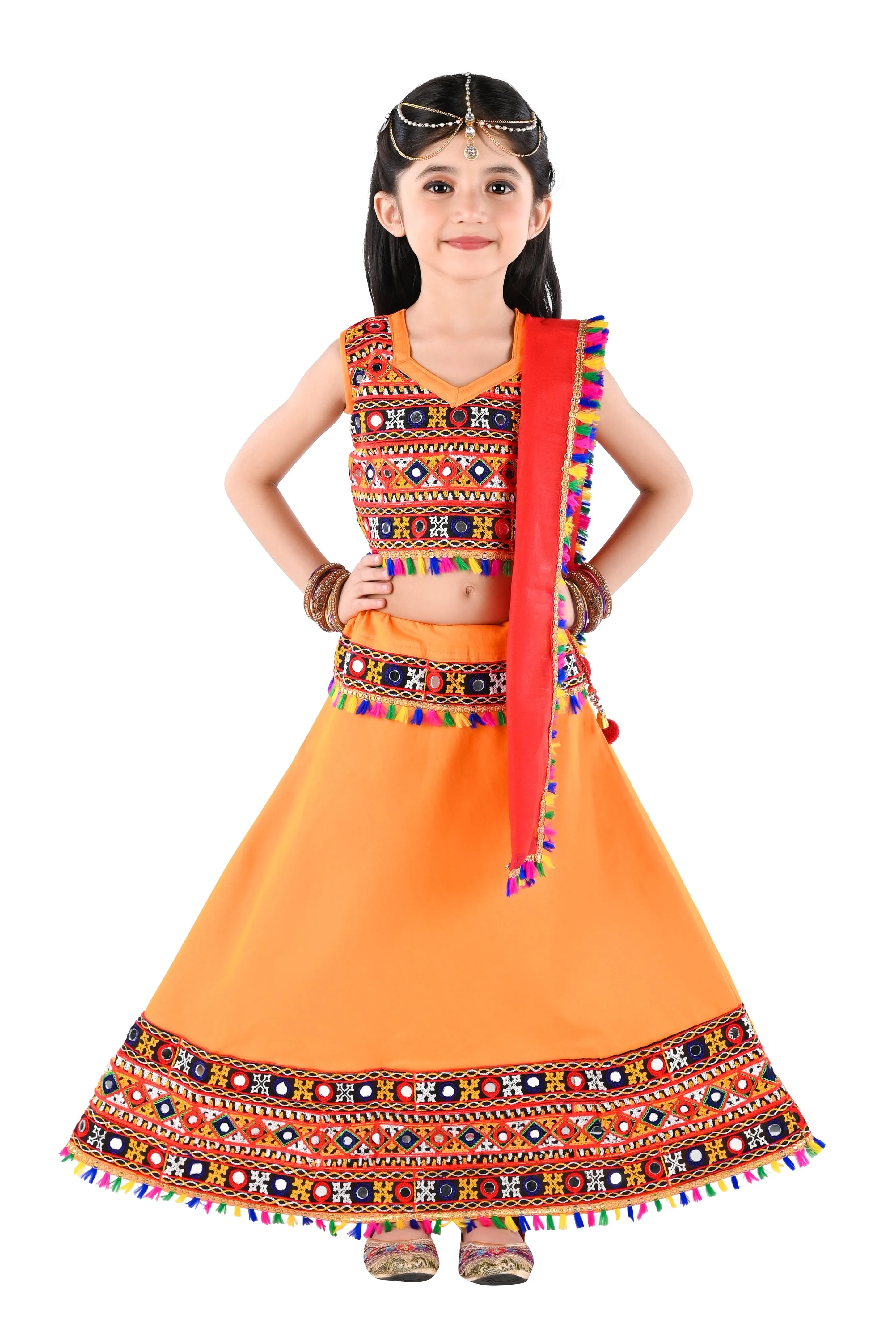 Ahhaaaa Kids Ethnic Cotton Blend Radha Dress / Lehenga Choli / Chania Choli Set For Girls