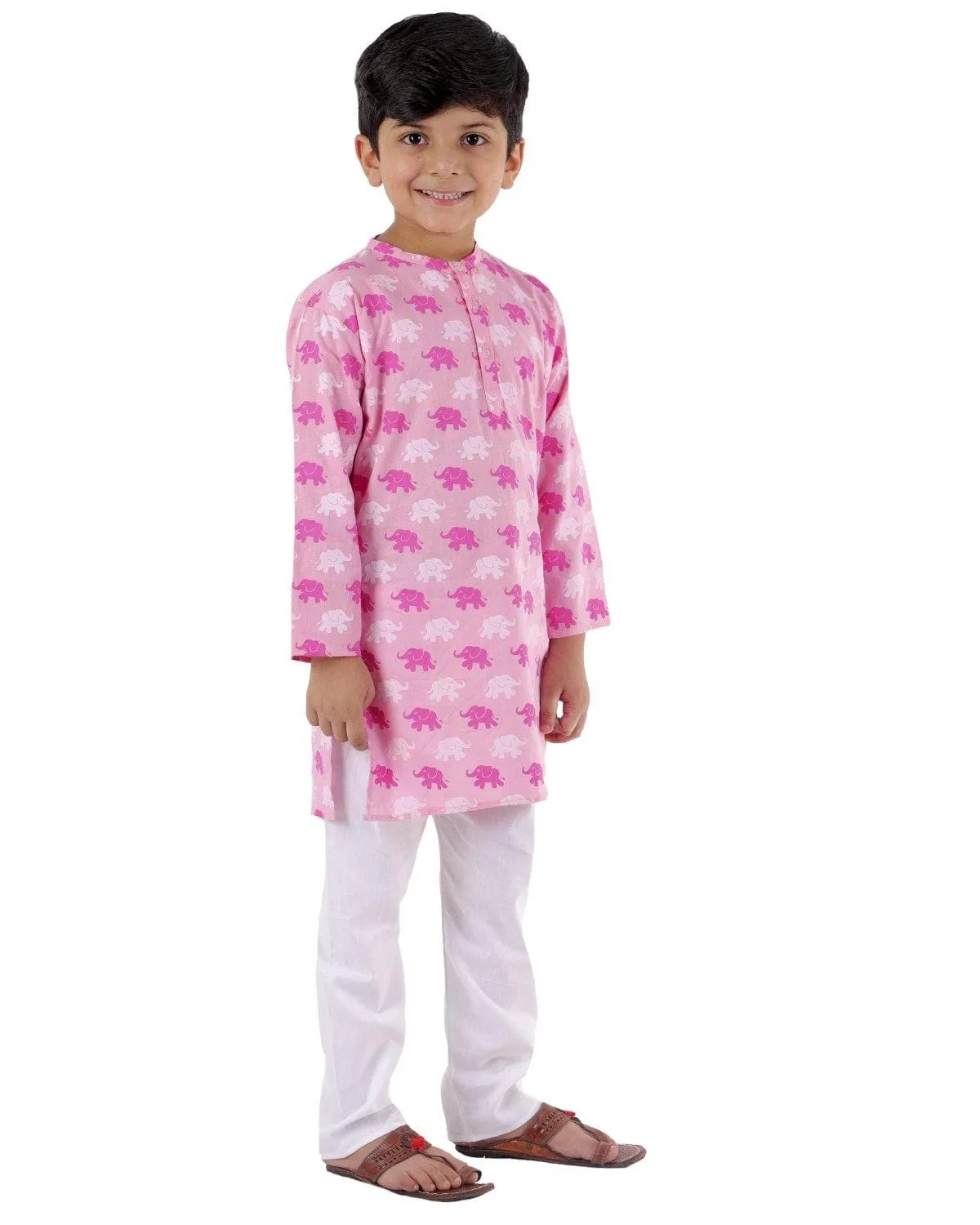 Ahhaaaa Kids Ethnic Cotton Elephant Print Kurta Pajama Set For Boys