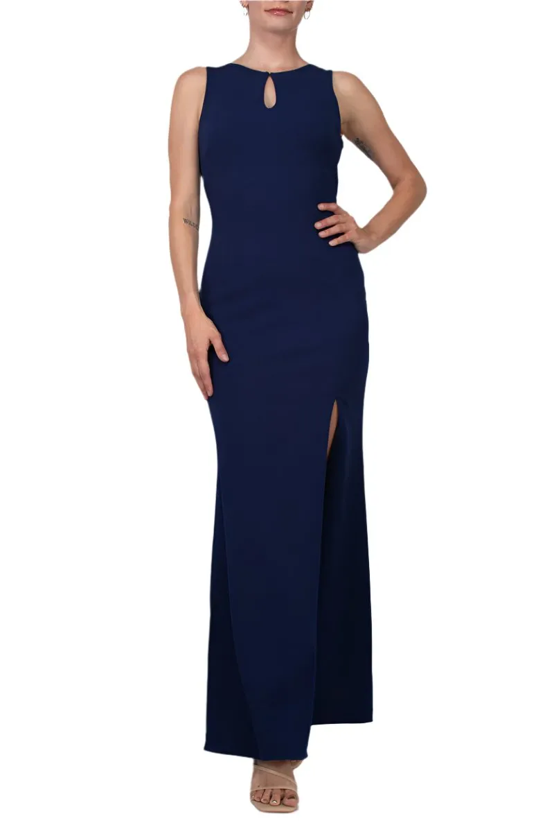 Aidan Mattox Boat Neck Sleeveless Beaded Sequin Rhinestone Back Keyhole Front Zipper Side Stretch Crepe Dress