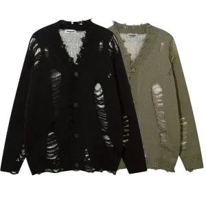 Aidase Mens Autumn Winter Ripped Sexy Cardigan Knitted Sweater Essential Hollow American High Street Loose Knitted Jacket For Couples