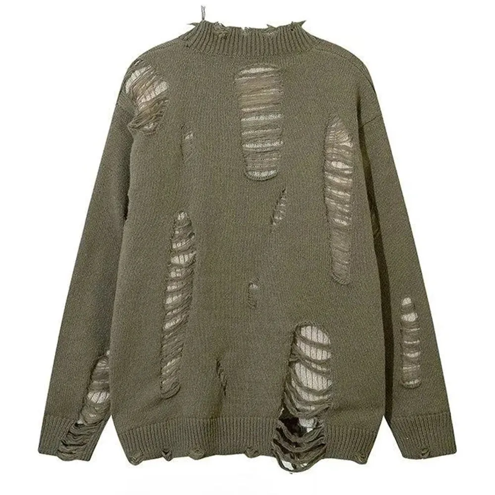 Aidase Mens Autumn Winter Ripped Sexy Cardigan Knitted Sweater Essential Hollow American High Street Loose Knitted Jacket For Couples
