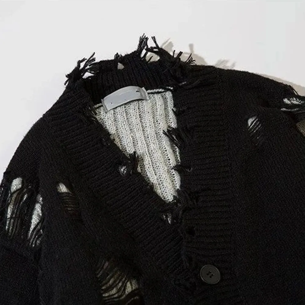 Aidase Mens Autumn Winter Ripped Sexy Cardigan Knitted Sweater Essential Hollow American High Street Loose Knitted Jacket For Couples