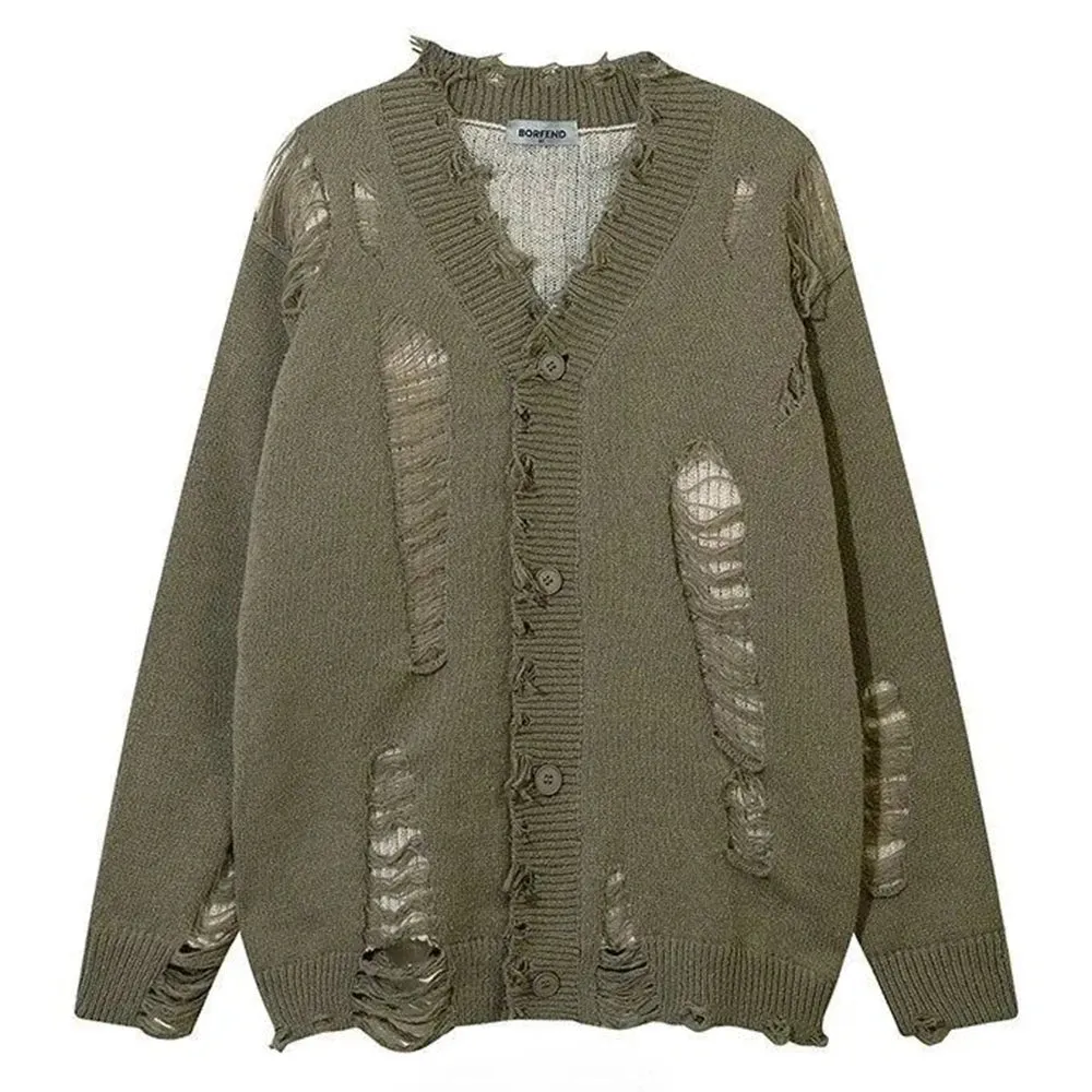 Aidase Mens Autumn Winter Ripped Sexy Cardigan Knitted Sweater Essential Hollow American High Street Loose Knitted Jacket For Couples