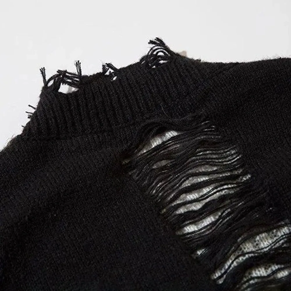 Aidase Mens Autumn Winter Ripped Sexy Cardigan Knitted Sweater Essential Hollow American High Street Loose Knitted Jacket For Couples