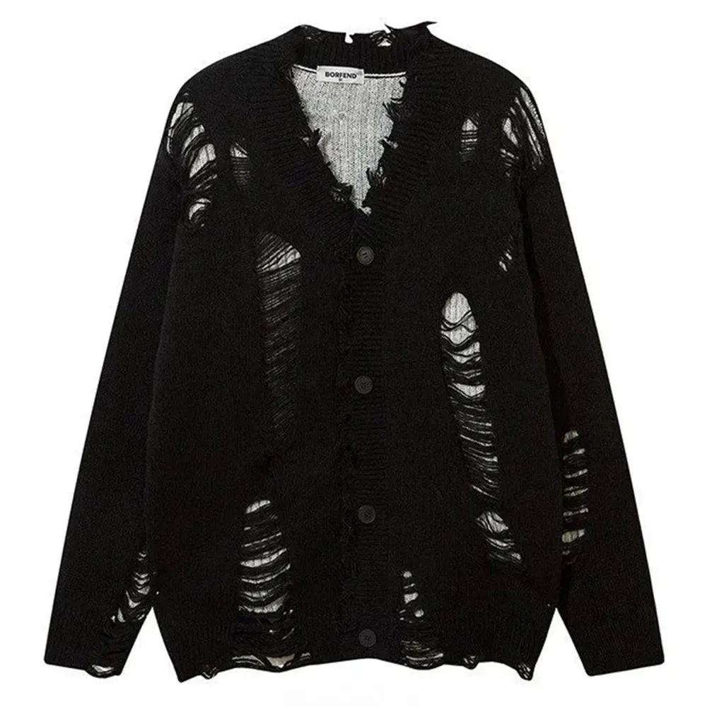 Aidase Mens Autumn Winter Ripped Sexy Cardigan Knitted Sweater Essential Hollow American High Street Loose Knitted Jacket For Couples