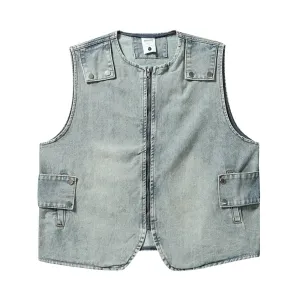 Aidase  mens outfits Original Trendy Functional Denim Cargo Vest Washed Distressed Dark Vintage Round Neck Zipper Up Jeans Vests Couple