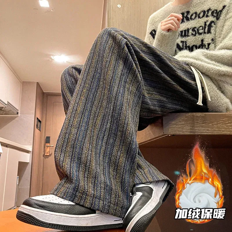 Aidase Wool Men's Pants Autumn and Winter Thickened High Waisted Small Leg Pants Casual Business Striped Contrast Wool Pants Warm
