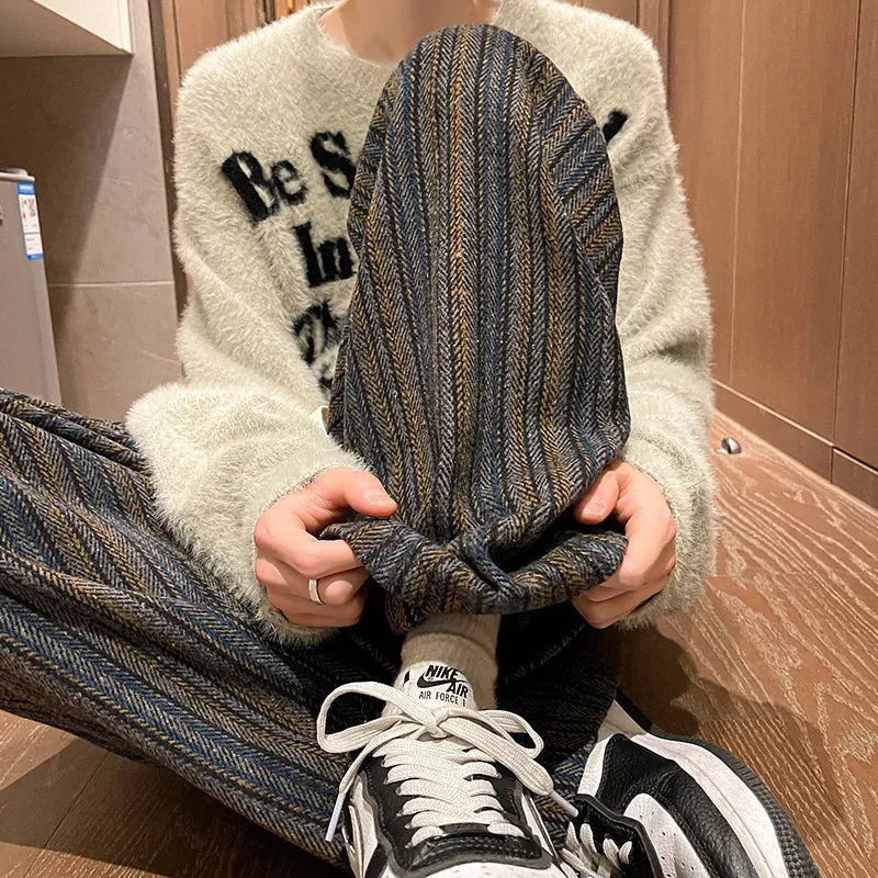 Aidase Wool Men's Pants Autumn and Winter Thickened High Waisted Small Leg Pants Casual Business Striped Contrast Wool Pants Warm