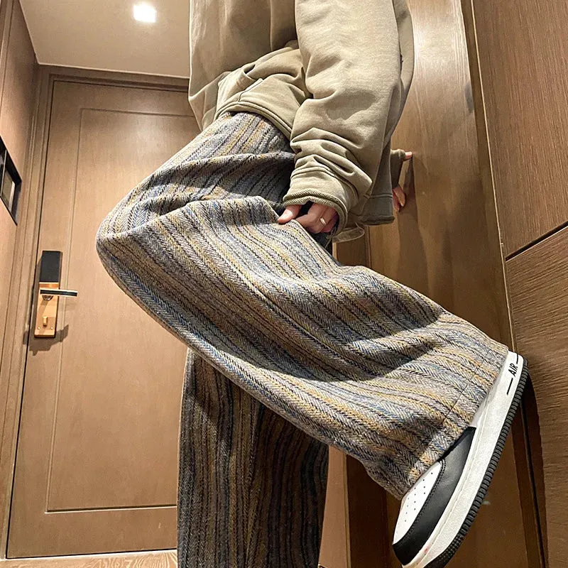 Aidase Wool Men's Pants Autumn and Winter Thickened High Waisted Small Leg Pants Casual Business Striped Contrast Wool Pants Warm