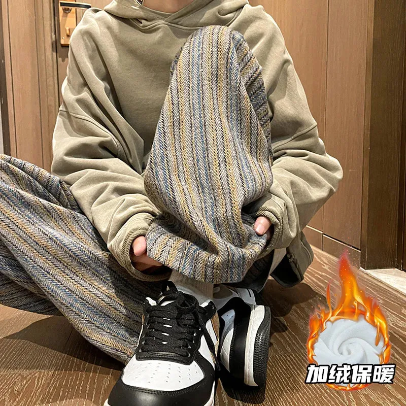 Aidase Wool Men's Pants Autumn and Winter Thickened High Waisted Small Leg Pants Casual Business Striped Contrast Wool Pants Warm