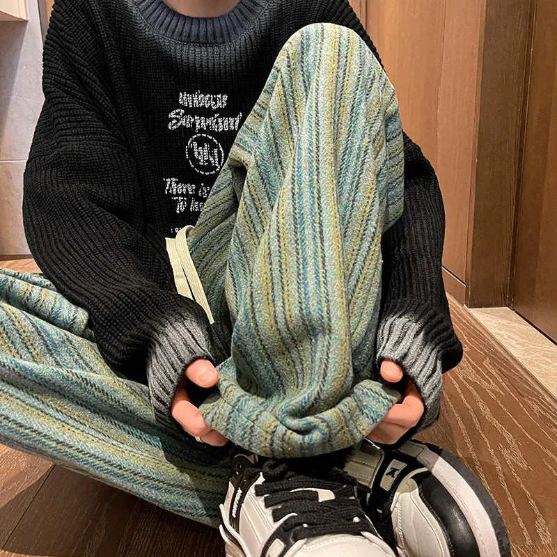 Aidase Wool Men's Pants Autumn and Winter Thickened High Waisted Small Leg Pants Casual Business Striped Contrast Wool Pants Warm