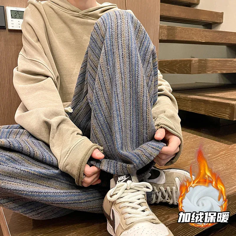 Aidase Wool Men's Pants Autumn and Winter Thickened High Waisted Small Leg Pants Casual Business Striped Contrast Wool Pants Warm