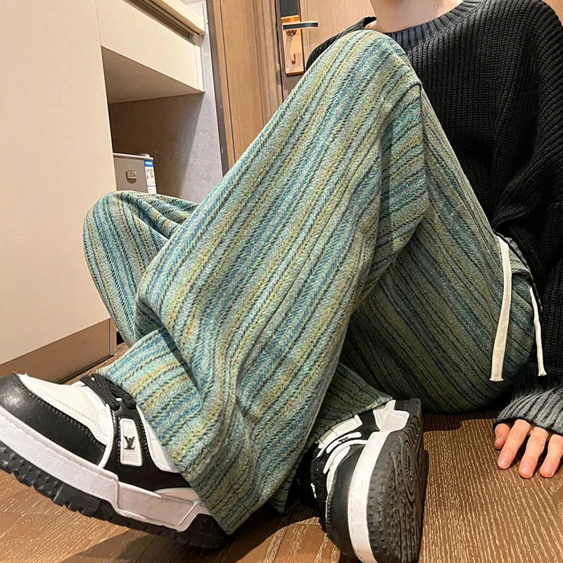 Aidase Wool Men's Pants Autumn and Winter Thickened High Waisted Small Leg Pants Casual Business Striped Contrast Wool Pants Warm